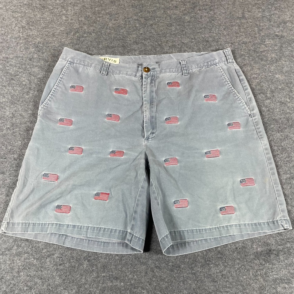 Orivis Shorts Mens 40 Blue Faded Flat Front USA Flag Embroidered Retro‎ Fishing